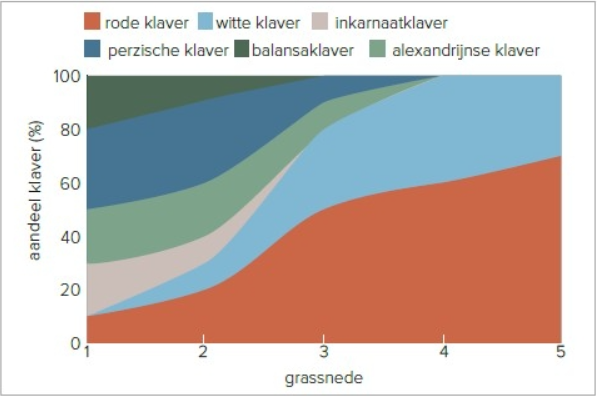 Ontwikkeling aandeel klavers eerste jaar na inzaai